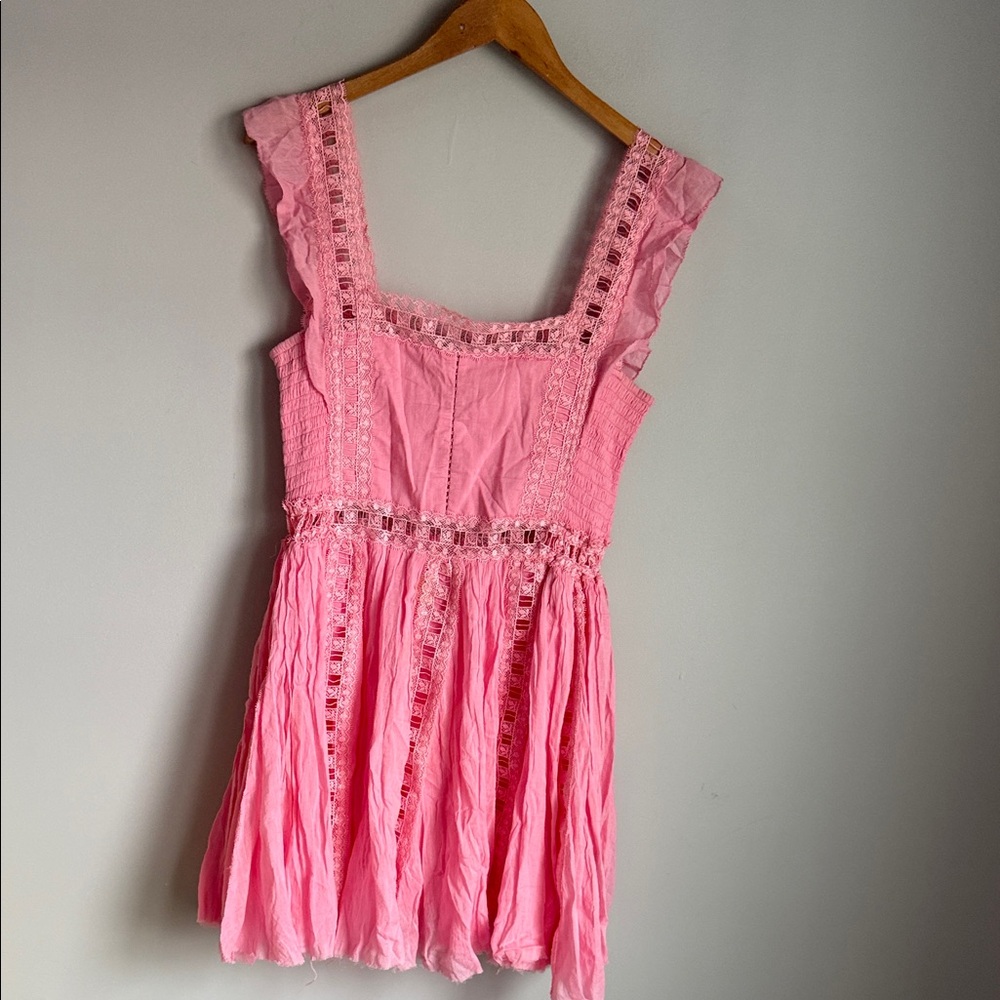 Free People Verona Lace Crochet, Cotton Mini Dress - Pink Medium - Picture 2 of 9